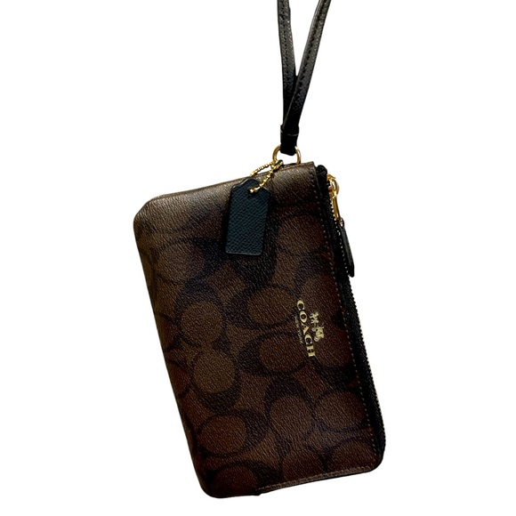 Nwt-Coach Double Zip Dark Brown Logo, Wristlet Wallet - Picture 1 of 7